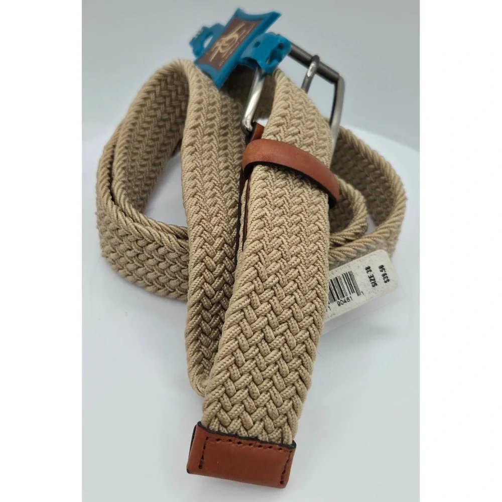 Original Penguin Mens Braided Elastic Stretch Belt Tan Leather Brown Trim Sz 38